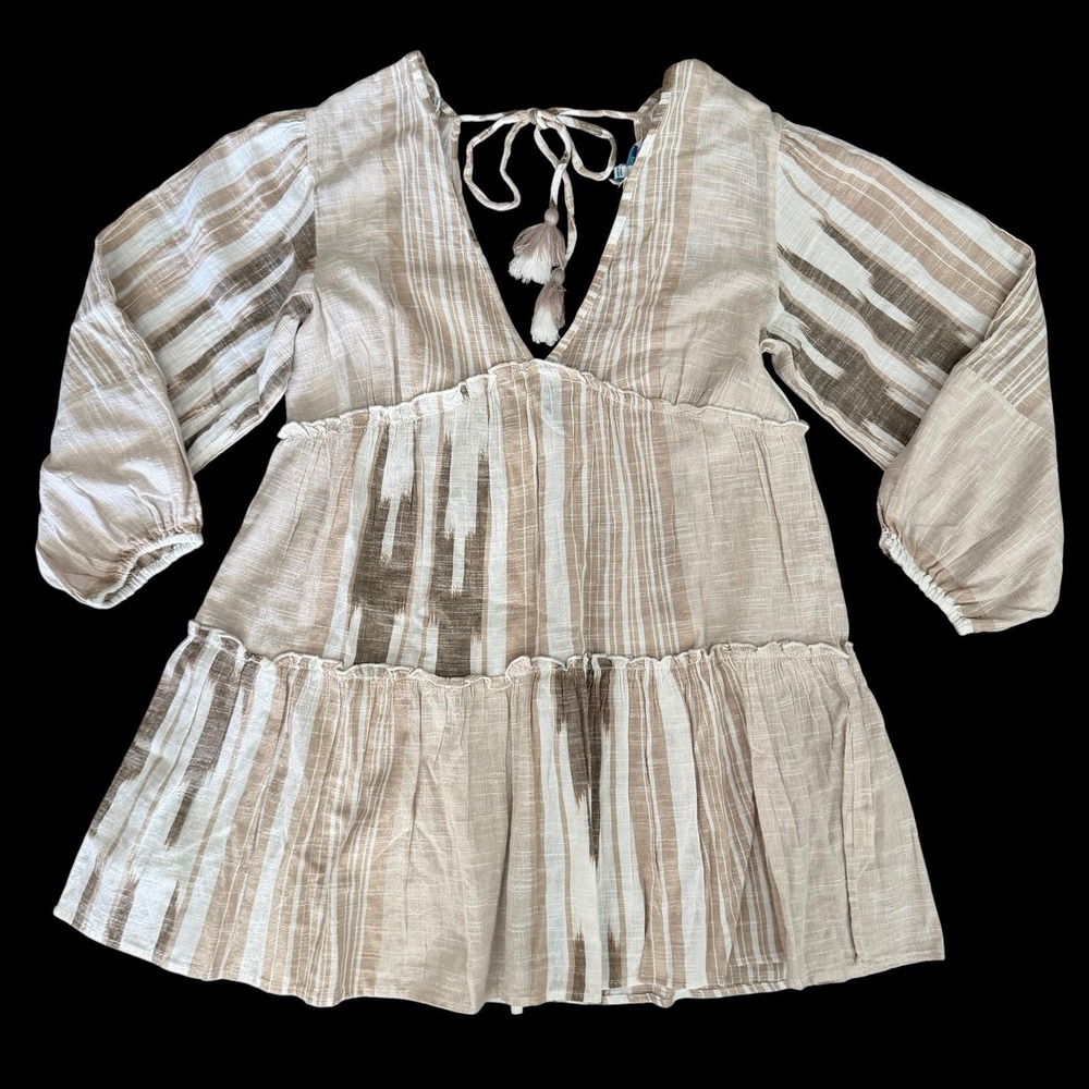 Blue Island Beach Coverup Small Ruffles Tassels Boho Tan Neutral Stripes Resort‎